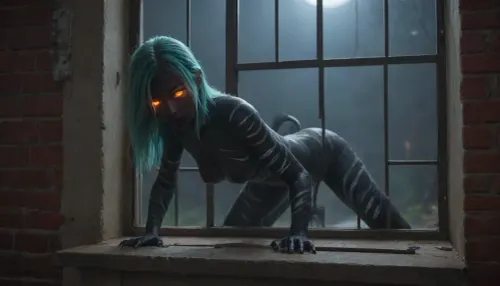 (sexy demon:1.3), (pitch black body:2), (silver stripes body:1.8), demon tail, (teal colored leather:1.6), (skimpy leather outfit:1), (long straight mint hair:1.4), (horns:.7), (claws:.7), (glowing eyes:1.5), (orange eyes:1.5), climbing through a window, open window, claws digging in the frame leaving scratchs marks, (lightless:1.5), (dark night:1.5), view from outside