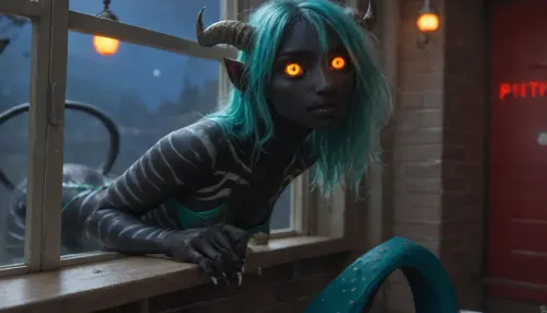 (sexy demon:1.3), (pitch black body:2), (silver stripes body:1.8), demon tail, (teal colored leather:1.6), (skimpy leather outfit:1), (long straight mint hair:1.4), (horns:.7), (claws:.7), (glowing orange eyes:1.5), climbing through a window, claws digging in the frame leaving scratchs marks, (unlited bedroom:1.5), (dark night:1.5)