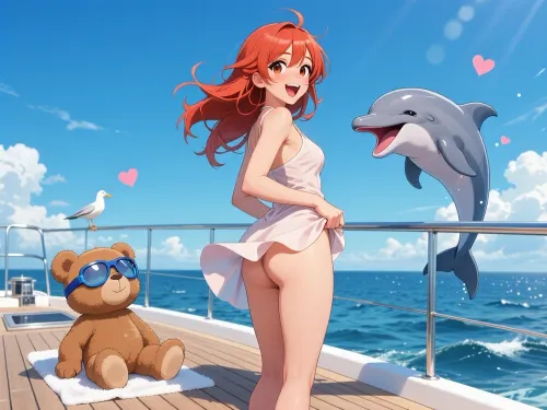 (a small teddy bear wears swim glasses. he is sitted on the deck on a small white towel on the left of the scene), (the main character is a beautiful woman, 25 years old, sexy playmate body, with red hairs and big eyes), dressed in a light dress, she is, (standing), on the deck of an elegant yacht, laughing., (dolphin with cartoon face, smiling with open mouth, jumping), . The wind plays with her hair and raises her dress revealing her butt. She is standing from profile. Sea with small waves, few clouds in the blue sky. bright sunny morning., visual style is 2D anime for youngsters. In background, a seagulls on a guardrail. small hearts.