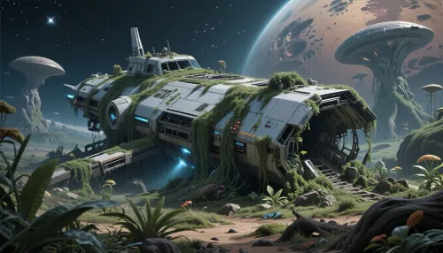 wreck of a spaceship, the wreck is covered with vegetation, alien planet, fantastic vegetation, fantasy world, sci-fi