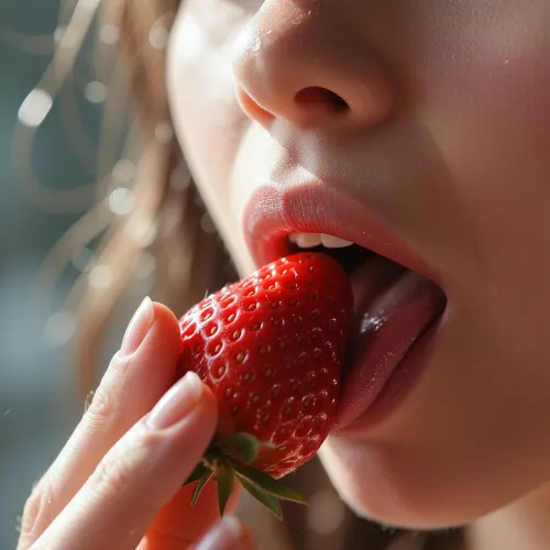 (ethereal aesthetic, surreal lighting:1.2), (soft full lips, pillowy lips, moist lips, cupid bow lips:1.4), (hair glow lighting, hdr lens flare, crepuscular lighting through window, light motes), (extreme closeup sensual portrait, sharp focus on lips, face bathed in sunlight), (layered composition with defined foreground and background, shallow depth of field), (vibrant red strawberry pressed to lips, perfectly manicured fingers holding strawberry to lips, biting strawberry)