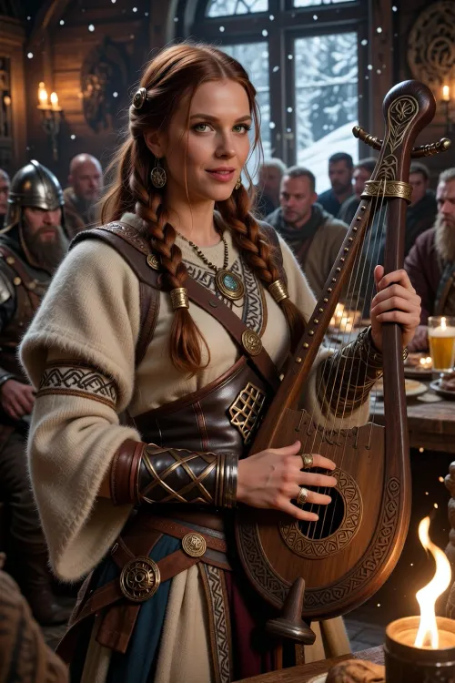 A charismatic female skald inspired by ancient nordic storytellers, performing within a crowded mead hall during a roaring winter feast.

She has long auburn hair braided with gold rings and carved beads, bright green eyes full of wit and intelligence, and a confident half-smile that commands the room.

She wears layered wool and fine embroidered nordic clothing beneath light leather armor, decorated with knotwork patterns and bronze jewelry earned through years of travel.

She carries an ornate lyre carved from dark wood and etched with runes of memory and song. Warriors, jarls, and wandering travelers listen in silence as she recounts ancient sagas of gods and heroes.

Warm firelight fills the longhall while snowstorms rage outside beyond heavy wooden doors.

Cinematic nordic fantasy illustration, warm atmospheric lighting, realistic textures, detailed clothing and jewelry, mythic storytelling atmosphere, painterly realism