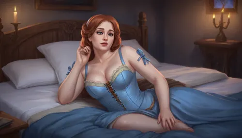 (one woman, Mirabelle Monet, french, mature 40 year old, ginger hair, small breasts, chubby body), (wearing sky blue revealing dress with brown laced bodice corset), (inside medieval inn, laying sideways on a bed, leaning head on arm, hand behind head), (other hand squeezing breast), blue atmosphere, fantasy art, dark scene, artwork, digital painting, concept art, flat colors, <lora:LegendDarkFantasy-000001:.5>, <lora:SumTim:.1>