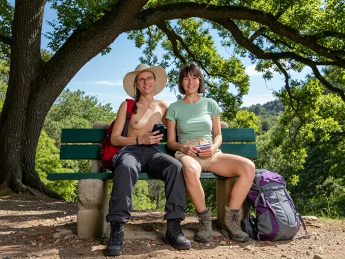 Two women sit on a green wooden bench in a sunlit forest clearing, framed by the lush green canopy of a large oak tree. The woman on the left wears a wide-brimmed beige sun hat, glasses, no top, braless small sized breasts, and dark hiking pants, with a red backpack visible behind her, she holds a smartphone and smiles warmly at the camera. The woman on the right, with short brown hair, wears a light green t-shirt, beige cargo shorts, and hiking boots, and holds a small notebook while smiling. Both are seated casually, exuding a relaxed, happy mood. The bench, with a green painted backrest, is mounted on stone supports. A purple and grey backpack rests on the ground beside the right woman. The background features dense foliage, a clear blue sky with light clouds, and a natural, rocky terrain. The lighting is bright and natural, suggesting midday sunlight filtering through the leaves, creating soft highlights and shadows. The image has a candid, documentary-style quality with a wide-angle perspective, capturing a genuine moment of outdoor leisure.