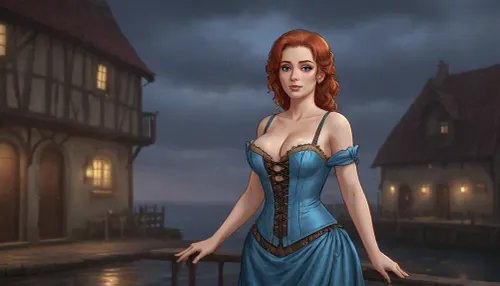 (one woman, Mirabelle Monet, french, mature 40 year old, ginger hair, small breasts, chubby body), (wearing sky blue revealing dress with brown laced bodice corset), (inside medieval inn, laying sideways on a bed, leaning head on arm, hand behind head), (other hand squeezing breast), blue atmosphere, fantasy art, dark scene, artwork, digital painting, concept art, flat colors, <lora:LegendDarkFantasy-000001:.5>, <lora:SumTim:.1>