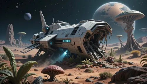Wreck spaceship. sci-fi, Alien planet with alien vegetation