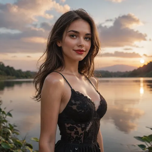 waist-high portrait, lush girl, long brown hair, red lips, seductive smile, (boobs:1), black lace dress, (shiny skin:1.5), (tanned body:1.3), lake, sky with clouds, sunset, ultradetalization