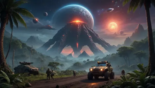 fullcolor image, 8K quality, night, alien planet, fantastic jungles, a volcano background, alien strange landscape, many fantastic animals, some planets satelite visible in sky, space cruiser hovering high over the landscape, an armored all-terrain vehicle drives through the jungle towards the volcano