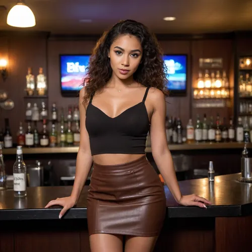 phone shoot, natural, darks hairs, mixed race, 26yo, makeup, medium chest, cute, bartender, brown learther skirt, whithe top, standing behind counter, in nightclub