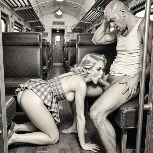 This is a detailed monochromatic pencil drawing in a classical illustrative style depicts a scene set in1950s /USSR, (((1950 pinup style))), dirty reserved seat of a long-distance train carriage, a very beautiful blonde hair in pin-up style MILF, she is dressed in a swinger dress, 1950s dress, The hem of her dress is up, She's Standing on all fours on the floor of the carriage compartment and sucking a dick from a sucks on a seated man next to her a fat unshaven bald lustful man in only a sloppy tank top, (((a woman's head near a man's groin))), ass up, female orgasm, He's mocking her, hardcore deep blowjob, deepthroating oral sex, cheating, his hand on her head, her tits are shaking in time with the movements of his pelvis, driving his cock into her mouth, (cuckold sex scene:1.5), messy Bob cut, Ad, Russia, Style, vintage, advertisement, retro, 1950's . The overall style is a black and white pencil drawing, capturing a candid moment. The scene has a formal, organized atmosphere. The overall mood is intense, rendered in fine, expressive line work and subtle shading, evoking the style of 1950s satirical or moralistic illustrations.