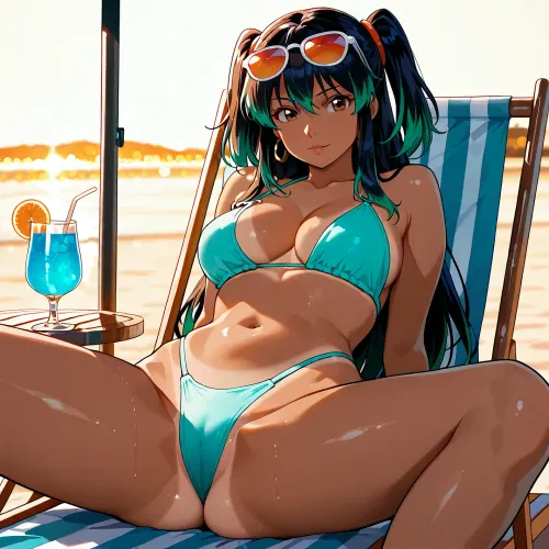 Reiko Shimizu style, score_9, score_8 up, A masterpiece, the best quality, ultra-detailed hentai anime image, 2d_anime_style, flat_shading, cel_shading, clean_lineart, bold_lines, anime_screencap, retro_shonen_anime_style, expressive_faces, vibrant_flat_colors, simple_shadows, limited_palette, dynamic_pose, hand_drawn_style, crisp_edges, 1girl, A yacht is saoling in tropical waters, a female is on a deckchair, sunbathing on the deck at the bow. She wears sunglasses and has a brightly coloured drink in her hand. Her body is firm and tanned, well proportioned. Her legs are slightly parted to expose her vagina Photorealistic, soft cinematic lighting, rich colour depth, shallow depth of field, detailed clothing textures, natural skin tones, crisp highlights, gentle background bokeh, full‑frame realism.anime_colour_grading, soft_flat_highlights, simple_background_detail, stylized_proportions, smooth_gradients
