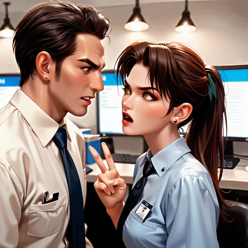 A busy open‑plan office with rows of cubicles, soft fluorescent lighting, and stacks of paperwork. A younger female office worker stands beside her cubicle, leaning forward slightly, animated and frustrated, mid‑argument with her older male boss. She wears modest business attire, expressive 90s‑style anime eyes, and sharp, energetic body language. The older boss, in a slightly rumpled shirt and tie, gestures back with stern authority. Both characters face each other directly, fully engaged in the argument. The scene is drawn in a 90s shōnen anime style with cel shading, bold outlines, simplified forms, and a warm nostalgic palette. Background details are hand‑painted and slightly soft, with coworkers blurred in distant cubicles to emphasize the tension between the two main characters
