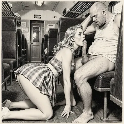 This is a detailed monochromatic pencil drawing in a classical illustrative style depicts a scene set in1950s /USSR, (((1950 pinup style))), dirty reserved seat of a long-distance train carriage, a very beautiful blonde hair in pin-up style MILF, she is dressed in a swinger dress, 1950s dress, The hem of her dress is up, She's Standing on all fours on the floor of the carriage compartment and sucking a dick from a sucks on a seated man next to her a fat unshaven bald lustful man in only a sloppy tank top, (((a woman's head near a man's groin))), ass up, female orgasm, He's mocking her, hardcore deep blowjob, deepthroating, cheating, his hand on her head, her tits are shaking in time with the movements of his pelvis, driving his cock into her mouth, (cuckold sex scene:1.5), messy Bob cut, Ad, Russia, Style, vintage, advertisement, retro, 1950's . The overall style is a black and white pencil drawing, capturing a candid moment. The scene has a formal, organized atmosphere. The overall mood is intense, rendered in fine, expressive line work and subtle shading, evoking the style of 1950s satirical or moralistic illustrations.