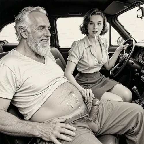 This is a detailed monochromatic pencil drawing in a classical illustrative style depicts a scene set 1950s, (obese bearded white haired older dilf in passenger seat receiving handjob by milf woman in driver seat), POV, lustful smile, focused on hairy scrotum, milf woman in driver seat is helping older dilf cum, precum, dripping older dilf's cocks, (((beautiful short brown hair milf, madam with hourglass figure, she is wearing in an open blouse and a skirt, (wide hips)))), (the man one hand grops woman's hip), undersides of penis, dimly lit, tiny penis, sitting in car, fat and skinny, receiving handjob, v neck t shirt pulled up above big hairy belly, ((pubic hair:1.7)), cum on woman's lips, sweatpants pulled down, masturbation, hairy scrotum. The overall mood is intense, rendered in fine, expressive line work and subtle shading, evoking the style of 1950s satirical or moralistic illustrations.
