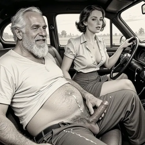 This is a detailed monochromatic pencil drawing in a classical illustrative style depicts a scene set 1950s, (obese bearded white haired older dilf in passenger seat receiving handjob by milf woman in driver seat), POV, lustful smile, focused on hairy scrotum, milf woman in driver seat is helping older dilf cum, precum, dripping older dilf's cocks, (((beautiful short brown hair milf, madam with hourglass figure, she is wearing in an open blouse and a skirt, (wide hips)))), (the man one hand grops woman's hip), undersides of penis, dimly lit, tiny penis, sitting in car, fat and skinny, receiving handjob, v neck t shirt pulled up above big hairy belly, ((pubic hair:1.7)), cum on woman's lips, sweatpants pulled down, masturbation, hairy scrotum. The overall mood is intense, rendered in fine, expressive line work and subtle shading, evoking the style of 1950s satirical or moralistic illustrations.