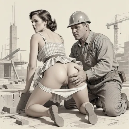 This is is a detailed monochromatic pencil drawing in a classical illustrative style depicts a scene set Beautiful sexy brown elegant hairstyle mother Standing on all fours at the construction site, wearing in summer dress, the hem of the dress is pulled up, white panties are down, fully clothed very ugly lustful fat construction worker in the coverall and a construction helmet who are roughly hard Grabs her bottom with both his hands, seductive face, rear view, The overall mood is intense, rendered in fine, expressive line work and subtle shading, evoking the style of 1950s satirical or moralistic illustrations.