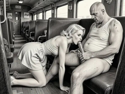 This is a detailed monochromatic pencil drawing in a classical illustrative style depicts a scene set in1950s /USSR, (((1950 pinup style))), dirty reserved seat of a long-distance train carriage, a very beautiful blonde hair in pin-up style MILF, she is dressed in a swinger dress, 1950s dress, The hem of her dress is up, She's Standing on all fours on the floor of the carriage compartment and sucking a dick from a sucks on a seated man next to her a fat unshaven bald lustful man in only a sloppy tank top, (((a woman's head near a man's groin))), ass up, female orgasm, He's mocking her, hardcore deep blowjob, deepthroating oral sex, cheating, his hand on her head, her tits are shaking in time with the movements of his pelvis, driving his cock into her mouth, (cuckold sex scene:1.5), messy Bob cut, Ad, Russia, Style, vintage, advertisement, retro, 1950's . The overall style is a black and white pencil drawing, capturing a candid moment. The scene has a formal, organized atmosphere. The overall mood is intense, rendered in fine, expressive line work and subtle shading, evoking the style of 1950s satirical or moralistic illustrations.