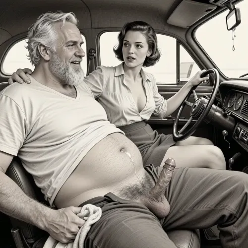 This is a detailed monochromatic pencil drawing in a classical illustrative style depicts a scene set 1950s, (obese bearded white haired older dilf in passenger seat receiving handjob by milf woman in driver seat), POV, lustful smile, focused on hairy scrotum, milf woman in driver seat is helping dilf cum, precum, dripping cocks, (((beautiful short brown hair milf, madam with hourglass figure, she is wearing in an open blouse and a skirt, (wide hips), in driver seat jerks-off his cock))), (the man puts one arm around the woman's hip), undersides of penis, hairy nutsack hand towel, dimly lit, tiny penis, sitting in car, fat and skinny, receiving handjob, v neck t shirt pulled up above big hairy belly, ((pubic hair:1.7)), sweatpants pulled down, masturbation, hairy scrotum. The overall mood is intense, rendered in fine, expressive line work and subtle shading, evoking the style of 1950s satirical or moralistic illustrations.