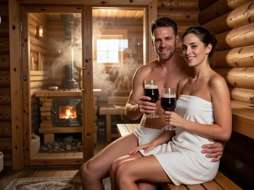 A cozy, modern Russian banya. In the foreground, a relaxed man and woman sit together on a wooden bench, smiling and holding tall glasses filled with dark, frothy kvass. They are wrapped in white cotton bath towels. In the background, visible through a glass door, is a hot Russian steam room filled with steam and featuring a stove. Warm golden lighting, rays of sunlight streaming through a small window, misty steam, cinematic lighting, photorealism, high resolution