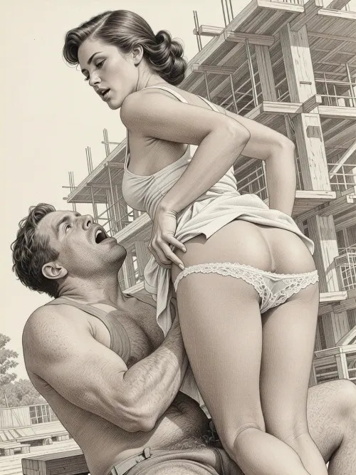 This is is a detailed monochromatic pencil drawing in a classical illustrative style depicts a scene set Beautiful sexy brown elegant hairstyle mother stands leaning over at the construction site, wearing in summer dress, the hem of the dress is pulled up, white lace panties down, fully clothed very ugly lustful fat construction worker who are ucks her from behind, rough sex, looking up, seductive face, very excited, lustful man's face, The overall mood is intense, rendered in fine, expressive line work and subtle shading, evoking the style of 1950s satirical or moralistic illustrations.