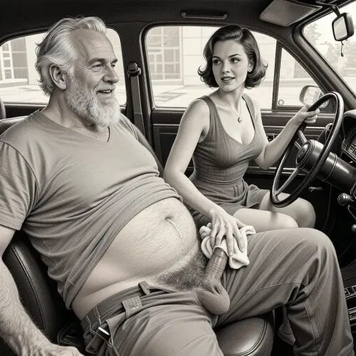 This is a detailed monochromatic pencil drawing in a classical illustrative style depicts a scene set 1950s, (obese bearded white haired older dilf in passenger seat receiving handjob by milf woman in driver seat), POV, lustful smile, focused on hairy scrotum, milf woman in driver seat is helping dilf cum, precum, dripping cocks, (((beautiful short brown hair milf, madam with hourglass figure, she is wearing in dress, (wide hips), in driver seat jerks-off his cock))), undersides of penis, hairy nutsack hand towel, dimly lit, tiny penis, sitting in car, fat and skinny, receiving handjob, v neck t shirt pulled up above big hairy belly, ((pubic hair:1.7)), sweatpants pulled down, masturbation, hairy scrotum. The overall mood is intense, rendered in fine, expressive line work and subtle shading, evoking the style of 1950s satirical or moralistic illustrations.