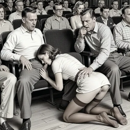 This is a detailed monochromatic pencil drawing in a classical illustrative style depicts a scene set in in the movie theater in the 1950s.2 old men are sitting on the cinema seats with the girl is on her knees in the middle, woman is wearing a 1950s dress and Her dress is slightly pulled up, she is wearing brown stockings but no panties, no shoes. both old men are casually dressed with open trousers and errected dicks, with brown hair, men are looking sexually aroused and lustful, a woman with her head bent down to the man's groin towards the groin of one of their old men sucks his cock, the second old man roughly touches her ass, candid amateur picture, man is fully visible, men are looking into camera, man's hand on woman's head, The cinema is full of people . The overall style is a black and white pencil drawing, capturing a candid moment. The scene has a formal, organized atmosphere. The overall mood is intense, rendered in fine, expressive line work and subtle shading, evoking the style of 1950s satirical or moralistic illustrations.