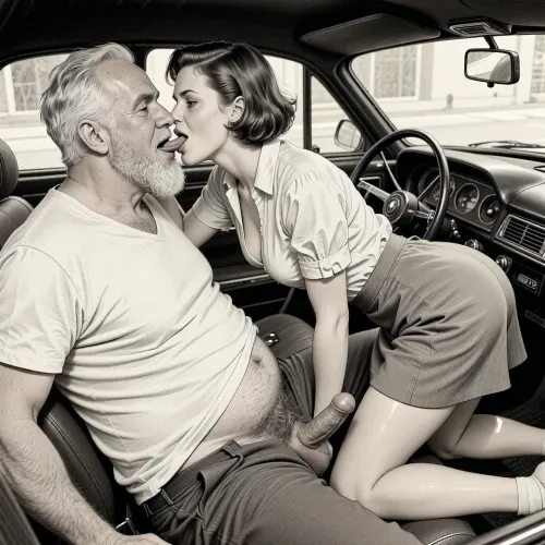 This is a detailed monochromatic pencil drawing in a classical illustrative style depicts a scene set blowjob in 1950s, (obese bearded white haired older dilf in passenger seat receiving blowjob by milf woman Standing on all fours in driver seat), POV, lustful smile, focused on hairy scrotum, milf woman in driver seat is helping older dilf cum, sucks the older dilf's cocks, (((beautiful short brown hair milf, madam with hourglass figure, she is wearing in an open blouse and a skirt, (wide hips)))), ((the woman tilted her head to older man's groin)), (the man one hand on woman's head), her skirt lift, ass up, undersides of penis, ((a woman sucks of a man's penis)), dimly lit, tiny penis, sitting in car, fat and skinny, v neck t shirt pulled up above big hairy belly, ((pubic hair:1.7)), ((scene blowjob:1.5)), cum on woman's lips, sweatpants pulled down, oral sex in the car, hairy scrotum. The overall mood is intense, rendered in fine, expressive line work and subtle shading, evoking the style of 1950s satirical or moralistic illustrations.