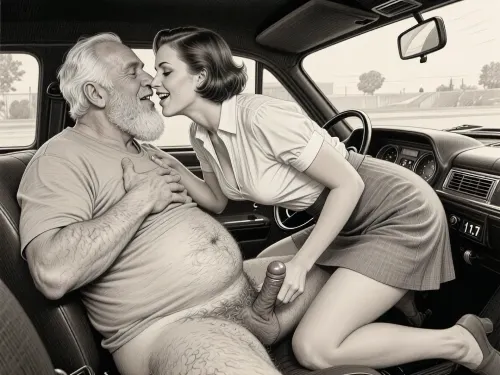 This is a detailed monochromatic pencil drawing in a classical illustrative style depicts a scene set petting in 1950s, (obese bearded white haired older dilf in passenger seat receiving A passionate kiss by milf woman Standing on all fours in driver seat), POV, lustful smile, focused on hairy scrotum, milf woman in driver seat is helping older dilf cum, masturbating the older dilf's cocks, (((beautiful short brown hair milf, madam with hourglass figure, she is wearing in an open blouse and a skirt, (wide hips)))), (((the woman looks at the older man))), (((her skirt pulled up:1.7)), ((her naked bottom is visible)), ((older man rough grabs her tits hard:1.4)), undersides of penis, ((a woman masturbating of a man's penis)), dimly lit, tiny penis, sitting in car, fat and skinny, v neck t shirt pulled up above big hairy belly, ((pubic hair:1.7)), cum on woman's lips, petting in the car, hairy scrotum. The overall mood is intense, rendered in fine, expressive line work and subtle shading, evoking the style of 1950s satirical or moralistic illustrations.)