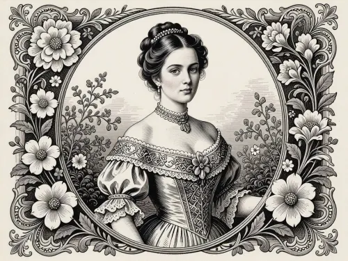 A retro-style black-and-white engraving depicting a beautiful Victorian lady in an ornate gown and with an elegant 19th-century hairstyle, surrounded by floral motifs and set in a vintage engraved frame, a black-and-white engraving in the style of an antique monochrome engraving, executed with a masterful line, (engraving style), .