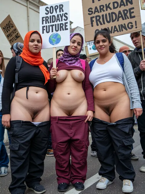 Protest march for climate protection, three young, ugly fat fridays for future activist arab woman, (traditionel cloth), (climate activists), vaginas peek out of pants, hairy vagina.