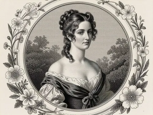 A retro-style black-and-white engraving depicting a beautiful English lady from the early 19th century wearing a dress from the 1820s–30s and sporting an elegant early 19th-century hairstyle, surrounded by floral motifs and set in a vintage engraved frame, a black-and-white engraving in the style of an antique monochrome engraving, executed with a masterful line, (engraving style), .