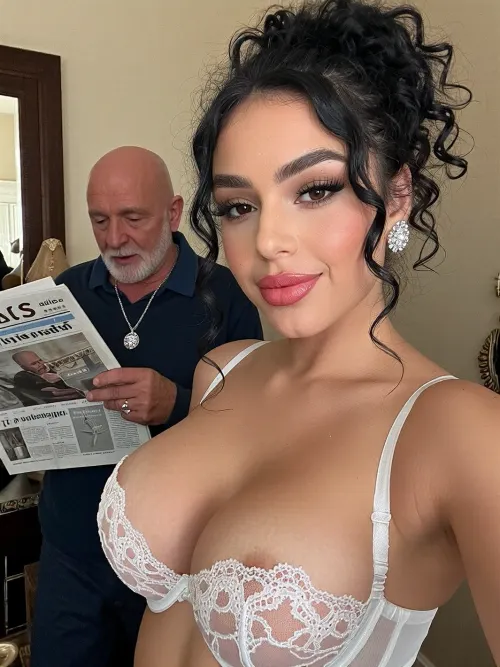 Tatar cute girl, (18yo), with black curly hair
Evening makeup, fully lips, horny Selfie, smilling, (((Breasts with a giant white transparent lace bra))), In the background, the grandfather reads the newspaper, luxury jewelry
