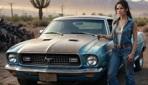 Create a photorealistic scene set in the Arizona desert during the 1970s. A breathtaking female auto mechanic, drenched in sweat and covered in grease, stands in front of a brown classic, (Mustang Gen 2 from 1974:1.3), with its hood open. Her blue overalls are partially unbuttoned, revealing glimpses of skin, and her hands and face are smudged with oil. The intense desert heat creates a hazy, dusty atmosphere, adding a gritty, authentic vibe. She holds tools in one hand, focused and skilled, while the sun sets in the background, casting a warm glow. The entire scene captures the raw, hardworking essence and the sultry charm of the mechanic, (ziprealism:1.3), ultra-sharp details, realistic skin texture, refined contrast, 8k detail, authentic facial expression, clean composition, (maximum photo quality:1.4), (maximum resolution:1.5), Black, and, white, art, black, shading, charcoal, toned, brutal, dark, b/w, color, scheme, DonMSp3ctr4lXL, clothes, htk-mstng2, <lora:Black and white art.V1:.2>, <lora:photorealistic_portrait_notrigger:1.1>, <lora:MJ52:.5>, <lora:DonMSp3ctr4lXL-000008:.9>, <lora:Mustang_Gen_2_1974:.8>