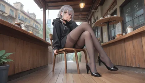masterpiece, best quality, ultra-detailed, 8k, raw photo, score_9, score_8_up, score_7_up, 1girl, beautiful anime girl, long straight silver hair, hair between eyes, purple eyes, delicate face, sharp eyeliner, subtle blush, wearing black oversized hoodie, black choker, black sheer glossy pantyhose, shiny purple high heels, sitting on chair at outdoor cafe, legs crossed elegantly, one leg slightly extended forward, hand resting on chin, thoughtful expression, slight head tilt, cafe patio, wooden deck, round metal table with coffee cup, modern cafe building with large windows in background, "KAEDE CAFE" sign, sunny day, soft natural lighting, sunlight on legs, depth of field, cinematic composition, from slightly low angle, beautiful detailed legs and feet focus, glossy pantyhose texture, reflective purple heels, <lora:outline_xl_kohaku_delta_spv5x:1.3>, <lora:NEOTOKIOXL_0.2_RC:.7>, <lora:Ppolar-P3v1-NbVp10:.7>, <lora:cartoon_stickers_xl_v1:.5>