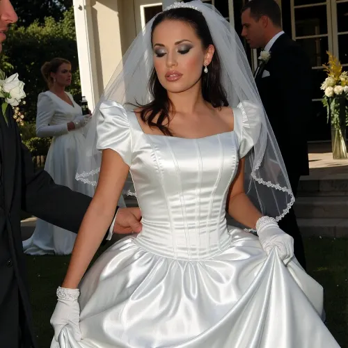 1990's, sultry sexy seductive brunette bride, smoky makeup, lipgloss, lip fillers, outside at a wedding, shiny satin vintage cupped wedding dress with short puff sleeves, large puff skirt, vertical seams on bodice, gloves, with wedding guests, daytime, sunny