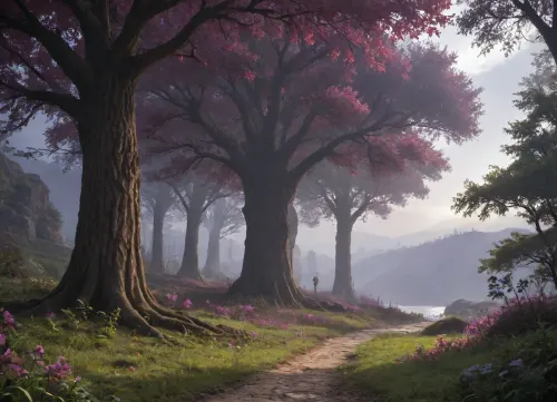 There is a fantasy landscape in the background. Twilight. Rocky mountains, unearthly huts cling to the steep slopes. Strange lights glow here and there, the sky is purple, and a satellite planet glows faintly on it. There are faintly glowing beautiful bright flowers all around, especially a lot of them under a bizarrely curved huge spreading tree., ((faintly glowing beautiful bright flowers)), ((the sky is purple)), ((Strange lights)), ((huts cling to the steep slopes)), tonight, ((The gorge)), (Creepy beasts in the style of Boris Vallejo)