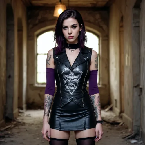 high details, 4k shot, 22yo, realistic eyes, perfect face, perfect teeth, emo makeup, satanic tatoos on arms, straight dark hairs, black miniskirt, purple tights, black leather vest, in old abandoned manor, dim light