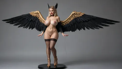 Valkyrie woman with wings, full-length, naked in erotic gold lingerie, beautiful face, on a pedestal in an erotic pose, anthropomorphic woman, (large breasts:1.8), big butt, soft light, shows tongue, nipple piercing, tongue piercing, long stockings, collar, black magician's robe, fishnet boots, <lora:add-detail-xl:1.5>