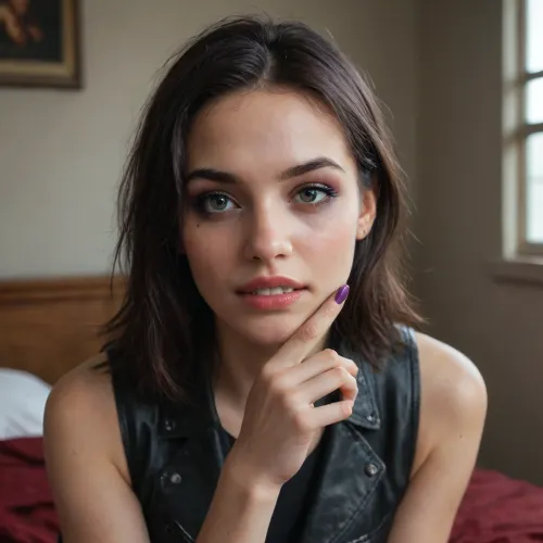 high details, 4k shot, 22yo, realistic eyes, perfect face, perfect teeth, emo makeup, purple finger nails satanic tatoos on arms, straight dark hairs, black miniskirt, purple tights, black leather vest, in old abandoned bedroom, dim light