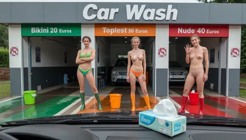 (POV from inside a car), (An opened pack of paper tissues can be seen on the car's dashboard), A young cashier in a summer dress leans into the driver's car. Approximately 10 meters in front of the car stand three car wash bays that resemble garages.
A lane marking is visible leading from each car wash bay toward the viewer, the left marking is green, the middle one is orange, and the right one is red.
Above the left opened car wash bay is a green sign reading "Bikini 20 Euros". in the car wash bay stands a small green plastic bucket, filled with water and a sponge.
Above the opened middle car wash bay is an orange sign reading "Topless 30 Euros". in the car wash bay stands a small orange plastic bucket, filled with water and a sponge.
Above the opened right car wash bay is a red sign reading "Nude 40 Euros". in the car wash bay stands a small red plastic bucket, filled with water and a sponge.
The floor in the individual car wash bays is wet.
Above the individual signs, there is a large grey sign spanning the entire width, bearing the inscription "Car Wash".
In front of the left car wash bay stands a beautyful girl in a green bikini, with tight panty and tight bra, she is wearing green rubber boots. The girl stands with her arms crossed and a polite smile.
In front of the middle car wash bay stands a beautyful girl in a skimpy orange panty, topless, she is wearing orange rubber boots. The girl placed her hands on her hips, seductive smile.
In front of the right car wash bay stands a beautyful totally nude girl, shaved pussy, she is wearing only red rubber boots. The girl waves the viewer closer invitingly, with a warm smile.