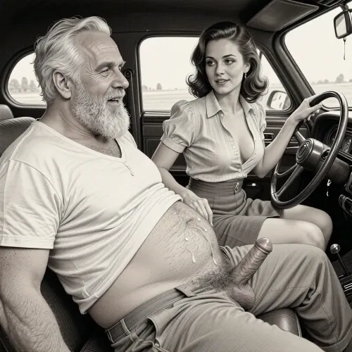 This is a detailed monochromatic pencil drawing in a classical illustrative style depicts a scene set after blowjob in 1950s, (obese bearded white haired older dilf in passenger seat receiving handjob by Beautiful sexy brown elegant hairstyle mother in driver seat), POV, lustful smile, focused on hairy scrotum, milf woman in driver seat is helping older dilf cum, precum, dripping older dilf's cocks, (((Beautiful sexy brown elegant hairstyle mother with hourglass figure, she is wearing in an open blouse and a skirt, (wide hips)))), (the man one hand grops woman's hip), undersides of penis, ((a woman looks at a man's penis)), dimly lit, tiny penis, sitting in car, fat and skinny, receiving handjob, v neck t shirt pulled up above big hairy belly, ((pubic hair:1.7)), ((scene after blowjob:1.5)), (((cum on woman's face and lips))), sweatpants pulled down, masturbation, hairy scrotum. The overall mood is intense, rendered in fine, expressive line work and subtle shading, evoking the style of 1950s satirical or moralistic illustrations.