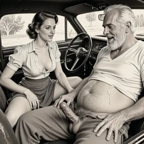 This is a detailed monochromatic pencil drawing in a classical illustrative style depicts a scene set after blowjob in 1950s, (obese bearded white haired older dilf in passenger seat receiving handjob by Beautiful sexy brown elegant hairstyle mother in driver seat), POV, lustful smile, focused on hairy scrotum, mother in driver seat is helping older dilf cum, precum, dripping older dilf's cocks, (((Beautiful sexy brown elegant hairstyle mother with hourglass figure, she is wearing in an open blouse and a skirt, (wide hips)))), (the man one hand grops woman's hip), undersides of penis, ((a woman looks at a man's penis)), dimly lit, tiny penis, sitting in car, fat and skinny, receiving handjob, v neck t shirt pulled up above big hairy belly, ((pubic hair:1.7)), ((scene after blowjob:1.5)), (((a lot cum on woman's face and lips))), sweatpants pulled down, masturbation, hairy scrotum. The overall mood is intense, rendered in fine, expressive line work and subtle shading, evoking the style of 1950s satirical or moralistic illustrations.