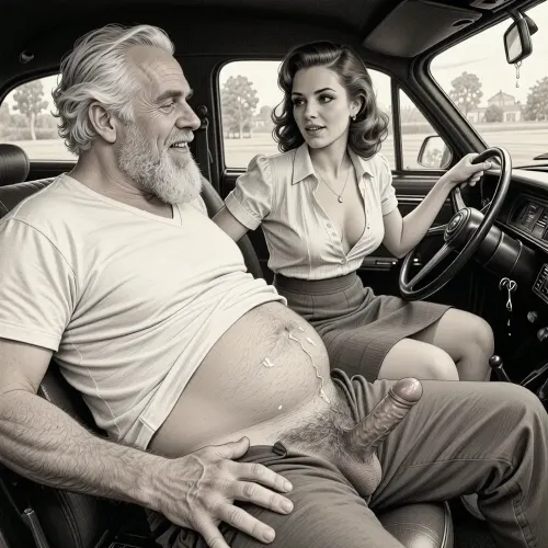 This is a detailed monochromatic pencil drawing in a classical illustrative style depicts a scene set after blowjob in 1950s, (obese bearded white haired older dilf in passenger seat receiving handjob by Beautiful sexy brown elegant hairstyle mother in driver seat), POV, lustful smile, focused on hairy scrotum, milf woman in driver seat is helping older dilf cum, precum, dripping older dilf's cocks, (((Beautiful sexy brown elegant hairstyle mother with hourglass figure, she is wearing in an open blouse and a skirt, (wide hips)))), (the man one hand grops woman's hip), undersides of penis, ((a woman looks at a man's penis)), dimly lit, tiny penis, sitting in car, fat and skinny, receiving handjob, v neck t shirt pulled up above big hairy belly, ((pubic hair:1.7)), ((scene after blowjob:1.5)), cum on woman's lips, sweatpants pulled down, masturbation, hairy scrotum. The overall mood is intense, rendered in fine, expressive line work and subtle shading, evoking the style of 1950s satirical or moralistic illustrations.