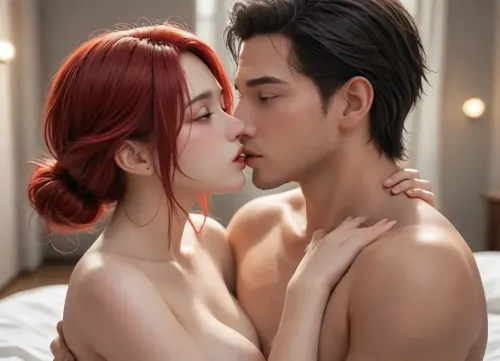 Japanese man with Yakuza irezumi, and a white red_haired woman with blue_eyes embracing passionately, their naked bodies pressed together. They share a deep, sensual kiss, his erection rubbing against her clit. The contrast between their skin and hair tones is striking and erotic. The bedroom setting is intimate and hot at night.
