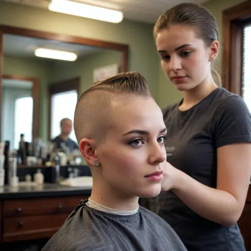 beautiful 19 year old girl shaving a head in a barber shop
