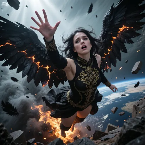 a realistic photography of a Dark angel falling from heaven, masterpiece, ((80 degree overhead angle — above looking down at the falling angel, she falls away below the viewer)), beautiful young woman, 25 years old, dark hair spreading wildly around her head, pale luminous skin, ((face turned directly upward toward the viewer with devastating intensity, face large and sharp in upper center of frame, expression of tragic dignity and heartbroken surrender)), (she spread an arm up towards the camera with her hand open, gesture of desperate supplication), ((massive black wings spread wide —
fully unfurled seen from slight above, lava cracks and embers glowing between feathers)), ((black baroque dress with gold embroidery —
high neckline fully covering chest and shoulders)), (far below her, planet Earth), ((in background fire rising around her feet and legs, spreading black smoke)), ((above and around viewer —
cold divine light flooding down from viewer's position on the face of woman falling, heavenly glow as source of light)), highly realistic, 8k, ((sense of infinite void above and below)), ((broken stone debris and burning black feathers falling with her)), ((focus on face and eyes only)), ((shallow depth of field, face in perfect focus, body progressively blurring toward feet, feet out of focus)), ((bokeh effect on background)), ((close up on face))