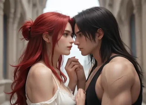 A strong muscular man with black hair and a scar on his face, together with a woman with red hair.