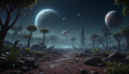 by night, alien planet, alien jungle, some planets satelite visible in sky