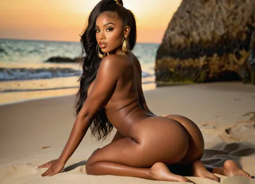8k resolution, sharp focus, ((hyperrealistic)), ((masterpiece)), A 22-year old perfect hazel eyed, busty ebony model who looks like a sexier Kayla Nicole with long hair styled in a long ponytail with loose bangs. She is completely nude with natural D-cup breasts and perfect ass. Her, ((big lips)), are parted slightly in a horny moan. She has long eyelashes and manicured eyebrows., ((gold jewelry)), ((perfect lighting)), She poses on a beach on her knees, ((back arch:1.4)), ((round ass:1.3)), with her legs spread., ((view from behind)), ((eye contact))