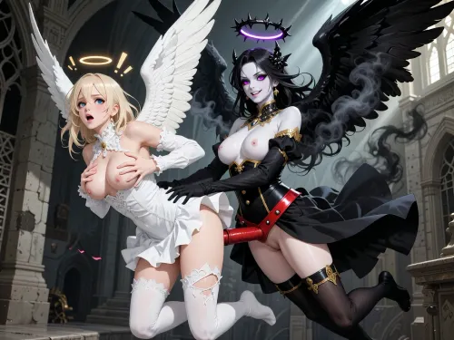 2 characters, WAngel1 is a blond white angel of 20 yo, supermodel body and superb shy face, white victorian dress teared apart and damaged, letting appear her perfect breast, her hands are touching her own naked tits, her wings are spread vertically upwards, she is, ((leaning over horizontally)), ((her legs are folded)), she is very arched, her big blue eyes fully open, she is moaning, she is floating in the air. Exclamation signs around her head. DAngel1 is a breathtaking dark angel woman of 27 yo with enormous wings surrounded by black smoke, her skin is white pale and luminous, big eyes, elegant black and gold celestial dress with gold buttons moved by the wind backwards, black thorns with violet halo floating above her head. DAngel1 is flying, floating in the air, her body in contorsion, (very large and smirk smile), . DAngel1 is behind WAngel1, DAngel1 is wearing a, (((strap-on red dildo forward, secured by a red leather harness attached around waist))), ((DAngel1 is sodomizing WAngel1 from behind in the ass)), ((with hands DAngel1 is holding WAngel1 body.)), Scene happening inside a gothic ruin with a dramatic diagonal ray of sunlight. They are both flying and floating in air., ((true 2D flat illustration, 1990 TV anime style, flat cel shaded colors, clean sharp ink outlines, manga screen tones in shadow areas)), dark fantasy manga aesthetic, masterpiece manga illustration, ultra detailed